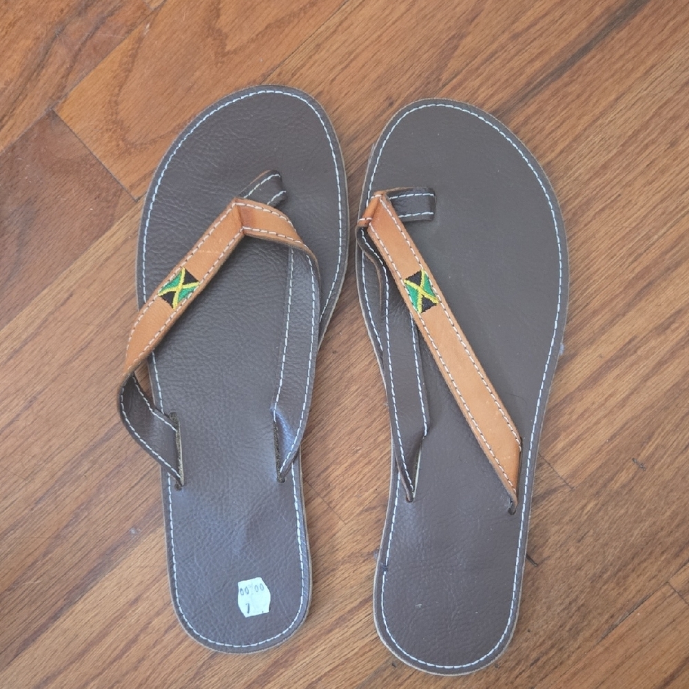 Brown and Tan Flip Flops with Jamaican Flag Detail